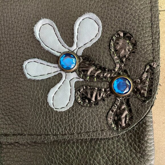 Navy Blue Leather Purse/Clutch with Flower Appliques and  Handle - Picture 4 of 8